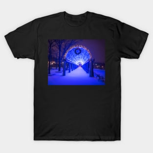 Christopher Columbus Park Trellis lit up for Christmas Snowstorm Boston MA Bench T-Shirt